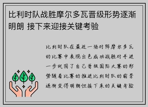 比利时队战胜摩尔多瓦晋级形势逐渐明朗 接下来迎接关键考验