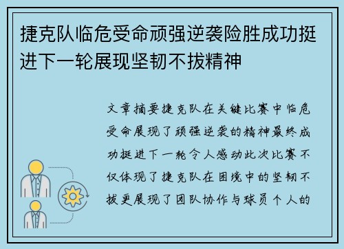 捷克队临危受命顽强逆袭险胜成功挺进下一轮展现坚韧不拔精神