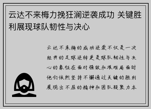 云达不来梅力挽狂澜逆袭成功 关键胜利展现球队韧性与决心