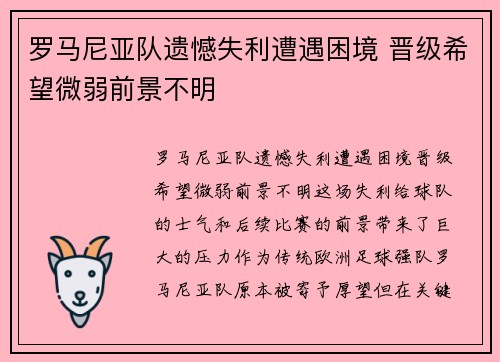 罗马尼亚队遗憾失利遭遇困境 晋级希望微弱前景不明